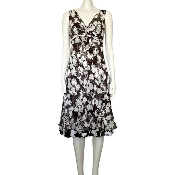 Vintage Y2K 100% Silk Ann Taylor Brown White Floral Midi Dress S/M Size 8 V Neck - Picture 2 of 14